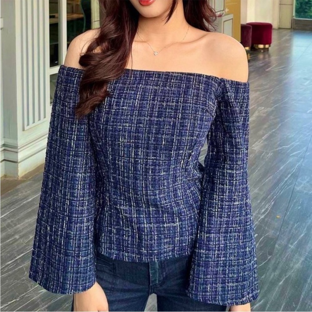 NWT ZARA Blue Tweed PLAID Textured Off Shoulder Long Sleeve Top Navy fitted